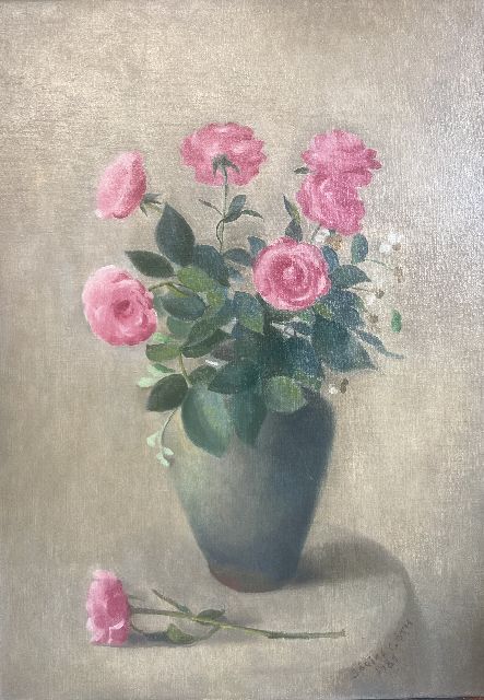 Sarika Góth | Vase with pink roses, oil on canvas, 50.4 x 35.7 cm, signed l.r. and dated 1981