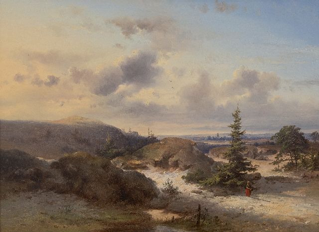 Kluyver P.L.F.  | Landscape with walking woman, village in the background, oil on panel 34.0 x 47.0 cm, signed l.l.