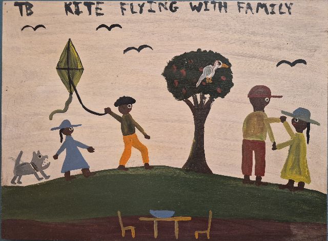 Tim Brown | kite flying with family, oil on panel, 37.6 x 50.6 cm, signed u.l.