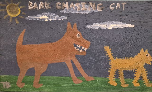 Tim Brown | Bark chasing cat, oil on panel, 30.2 x 50.3 cm, signed l.l.