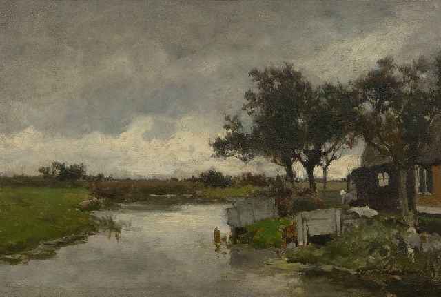 Jan Hendrik Weissenbruch | Laundry day (possible view from the backyard of the inn 'Het Vliegende Paard', Nieuwkoop), oil on panel, 23.9 x 36.1 cm, signed l.r.