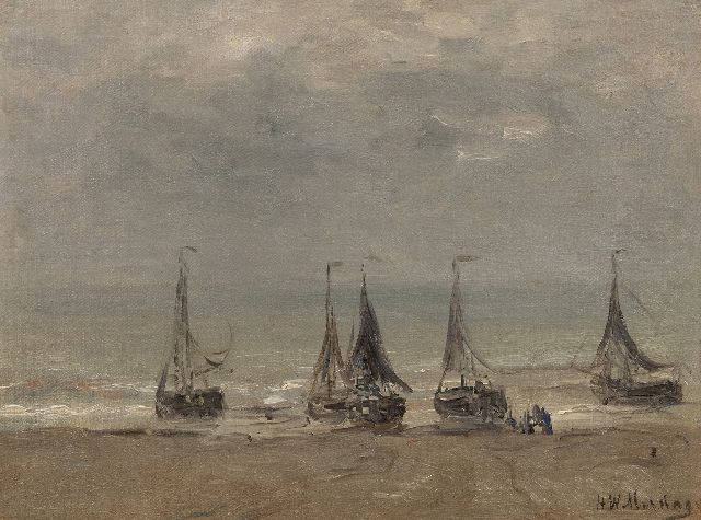 Hendrik Willem Mesdag | Five fishing boats in the surf, oil on canvas laid down on panel, 30.4 x 40.4 cm, signed l.r.