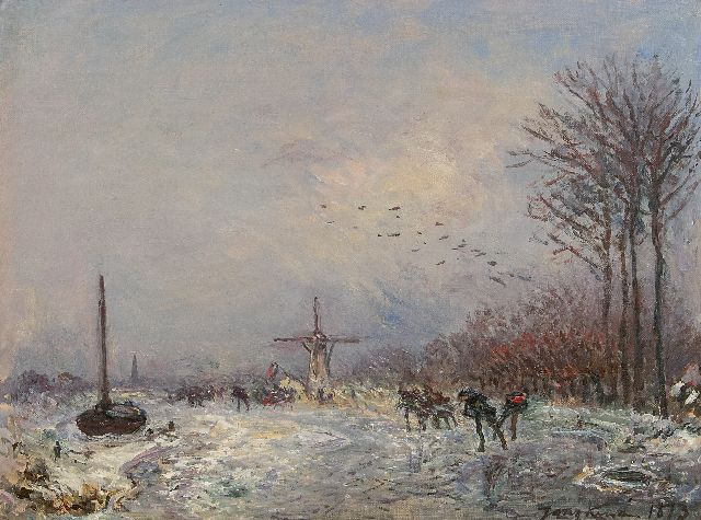 Jongkind J.B.  | Dutch canal with skaters, oil on canvas 25.2 x 35.3 cm, signed l.r. and dated 1873