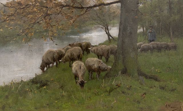 Anton Mauve | A shepherd with his flock by a river, oil on panel, 25.1 x 41.0 cm, signed l.r.