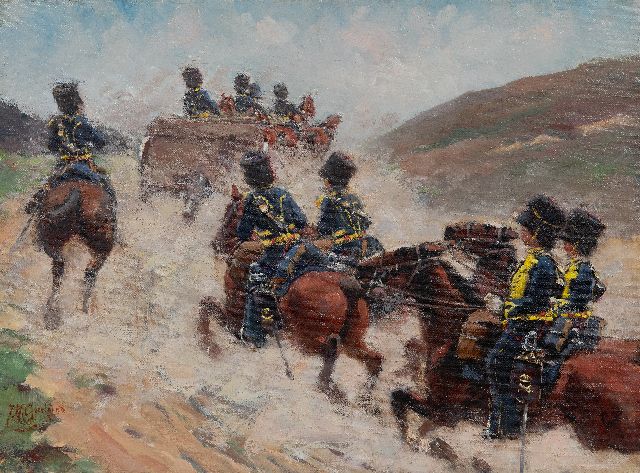 Geerlings J.H.  | Mounted artillerymen on the Deelense heide, oil on canvas 36.6 x 49.6 cm, signed l.l.