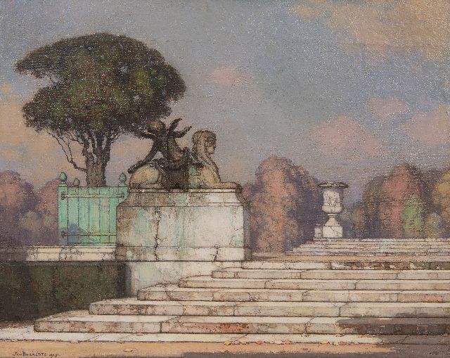 Jan Bogaerts | Statue of sfinx and cupido in the park of Versailles, oil on canvas, 32.5 x 39.7 cm, signed l.l. and dated 1915