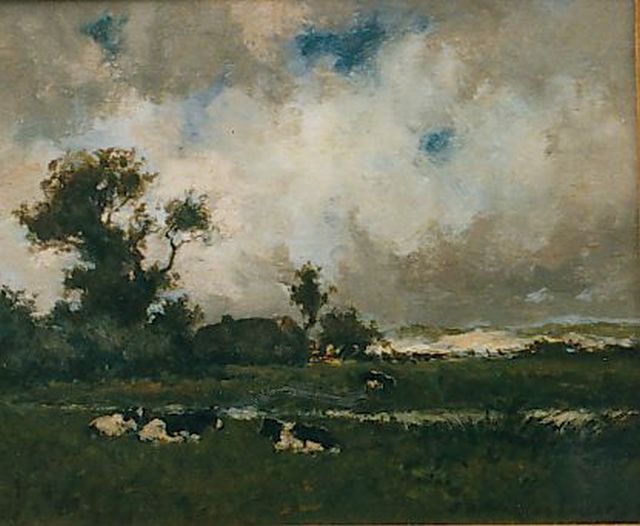 Weissenbruch H.J.  | Cows in a landscape, oil on panel 17.3 x 22.0 cm, signed l.r.