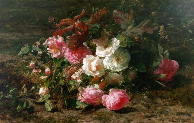 Sande Bakhuyzen G.J. van de | A bouquet of roses on a forest-path, oil on canvas 49.3 x 77.0 cm, signed l.r.