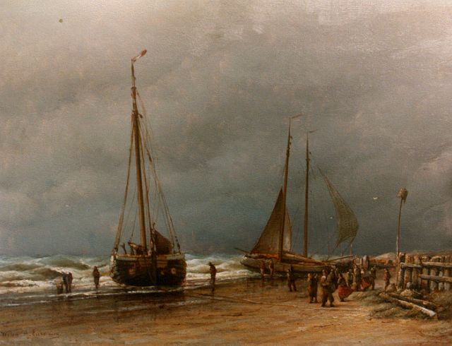Willem Hendrik Eickelberg | Flatboats on the beach, oil on panel, 31.3 x 41.0 cm, signed l.l.