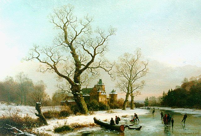 Bimmermann C.  | Figures on a frozen waterway, a castle beyond, oil on canvas 65.8 x 96.0 cm, signed l.r.