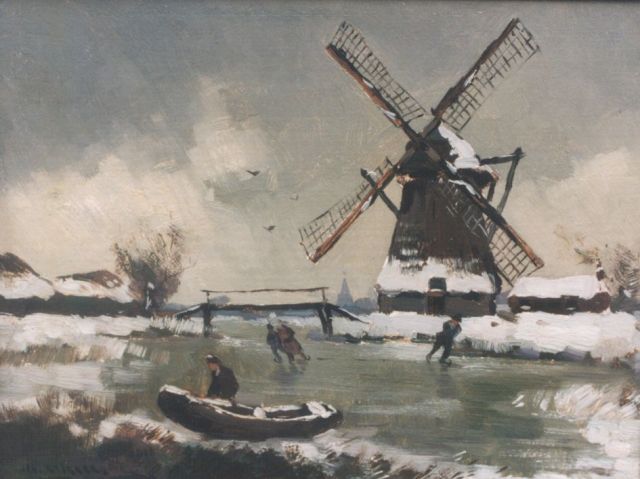 Knikker sr. J.S.  | Skaters on a frozen waterway, oil on panel 18.8 x 24.4 cm, signed l.l.