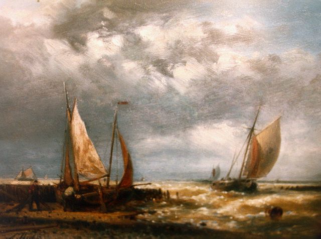 Abraham Hulk | Flatboats by a jetty, oil on panel, 15.0 x 20.3 cm, signed l.l.