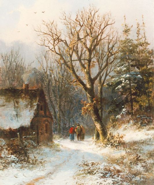Alexander Joseph Daiwaille | Travellers on a country lane in winter, oil on panel, 14.7 x 12.0 cm, signed indistinctly
