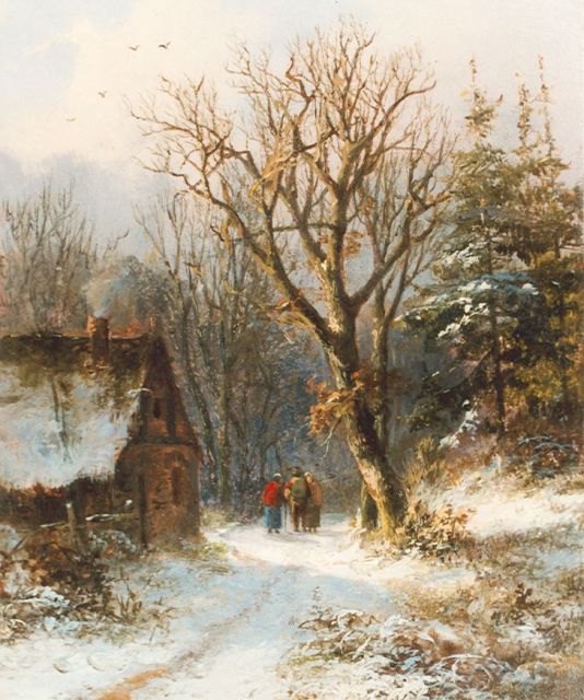 Daiwaille A.J.  | Travellers on a country lane in winter, oil on panel 14.7 x 12.0 cm, signed indistinctly