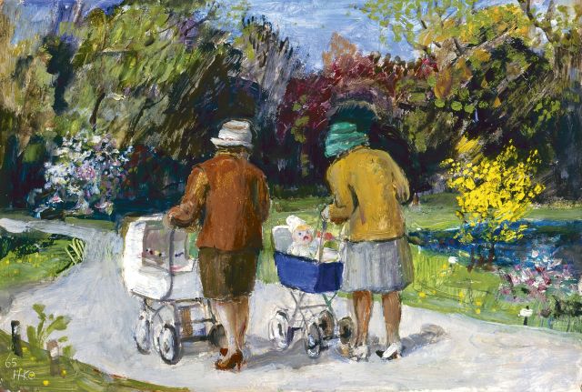 Kamerlingh Onnes H.H.  | Strolling in a park, 22.0 x 32.3 cm, signed l.l. with monogram and dated '65