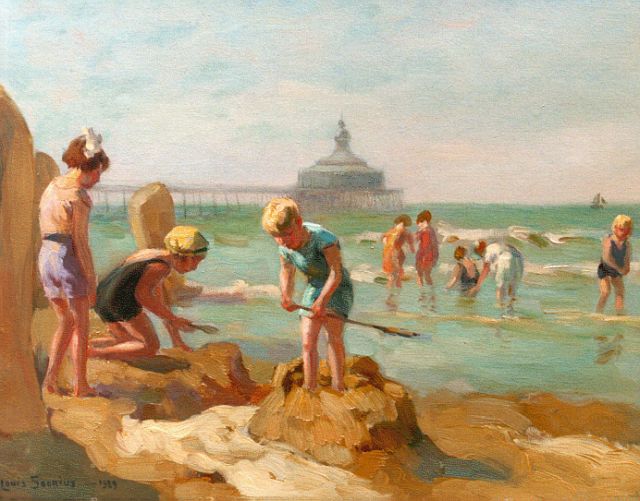 Soonius L.  | Children playing on the beach, Scheveningen, oil on canvas 27.6 x 35.3 cm, signed l.l. and dated 1939