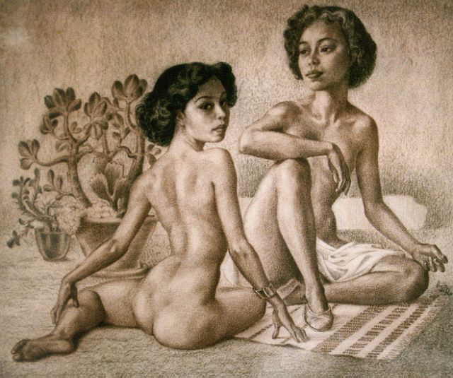 Ru H.B.W. de | Two Oriental nudes, pencil on paper 34.5 x 41.0 cm, signed l.r.