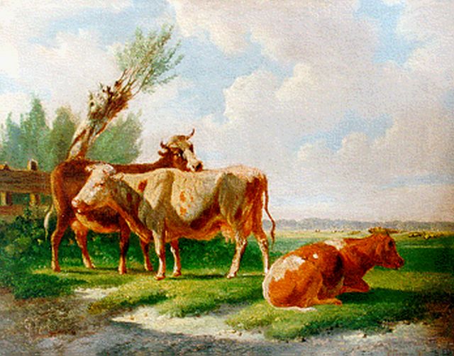 Verhoesen A.  | Cattle in a meadow, oil on panel 13.0 x 16.7 cm, signed l.l. and dated 1869