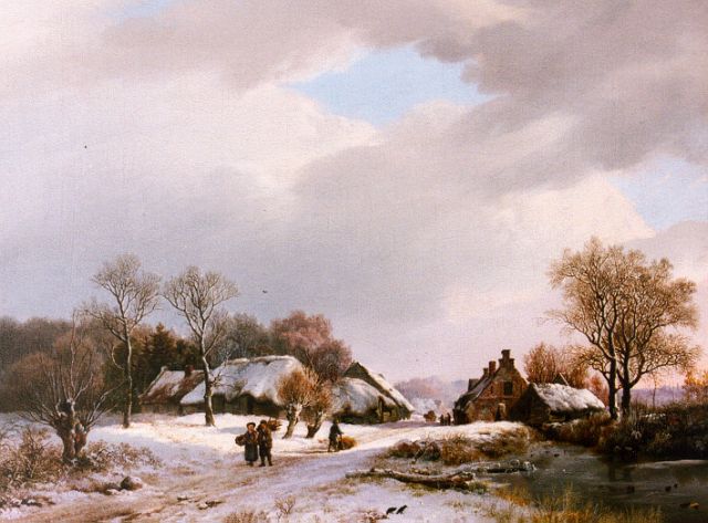 Koekkoek B.C.  | A winter landscape with travellers on a path, oil on canvas 36.0 x 47.2 cm, signed l.r. and dated 1827