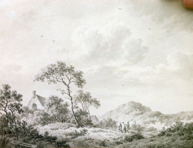 Koekkoek B.C.  | Hunters in a hilly landscape, sepia on paper 14.5 x 19.0 cm, signed l.l.