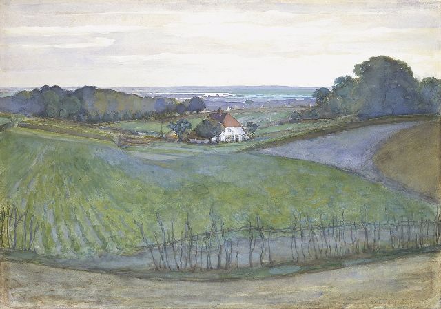 Mondriaan P.C.  | A farm in a landscape, with Arnhem in the distance, watercolour and gouache on paper 46.0 x 65.0 cm, signed l.r. and painted ca. 1901