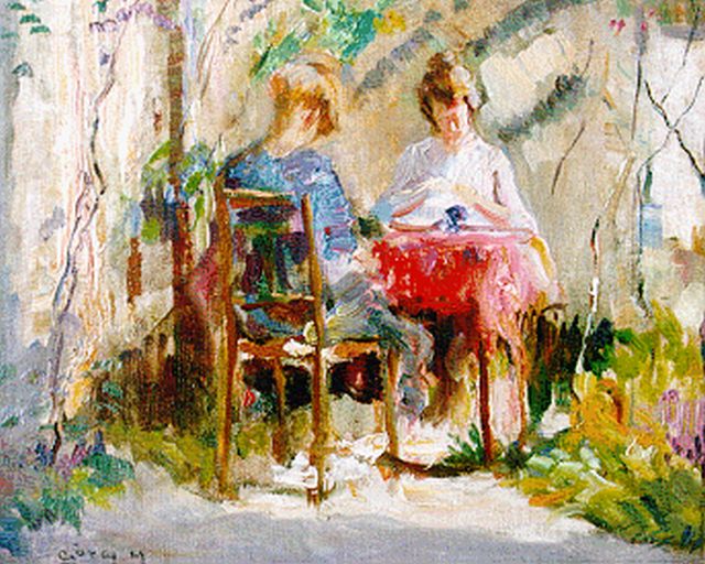 Maurice Góth | Ada and Sarika in the garden in Oosterbeek, oil on canvas laid down on panel, 21.6 x 26.8 cm, signed l.l.