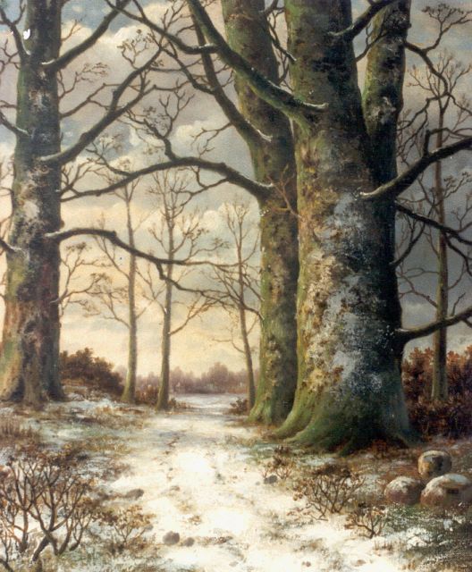 Koekkoek B.H.  | A forest landscape in winter, oil on canvas 53.3 x 43.2 cm, signed l.r.