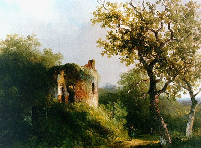 Roelofs W.  | A ruin in a wooded landscape, oil on panel 19.6 x 24.7 cm, signed l.l. and dated 1940