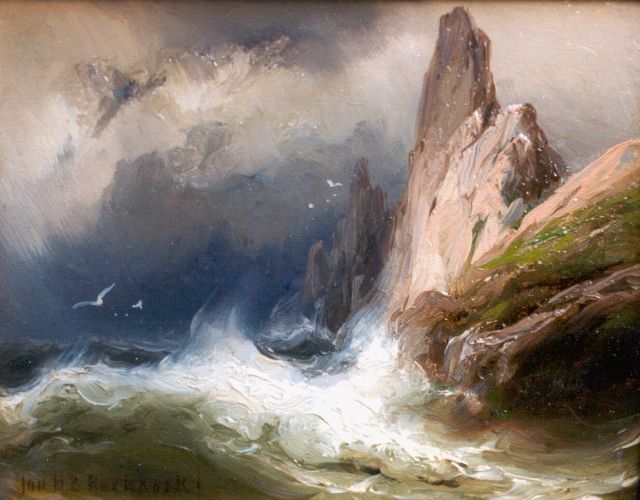 Koekkoek J.H.B.  | A rocky coastal scene, oil on panel 9.4 x 12.0 cm, signed l.l.