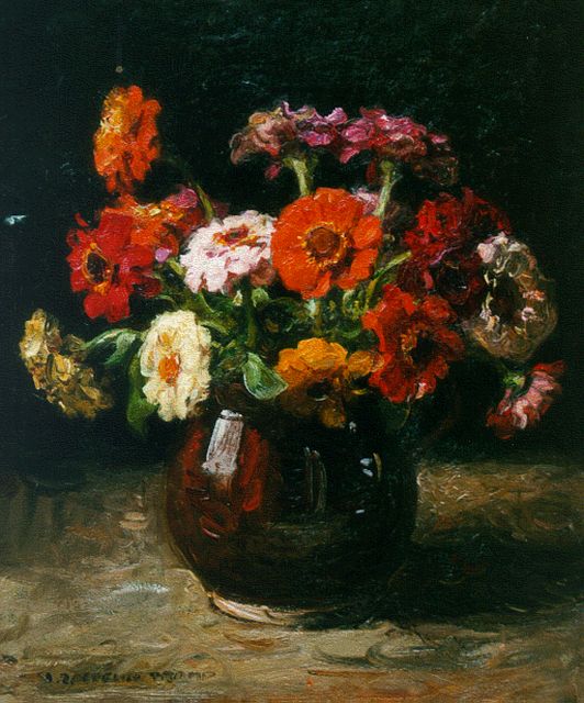 Jan Zoetelief Tromp | A still life with zinnias, oil on canvas, 42.0 x 35.0 cm, signed l.l.