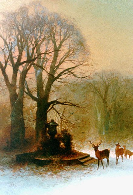 Rochussen Ch.  | Deer in a winter landscape, oil on panel 59.9 x 44.6 cm, signed l.l. with initials and dated 1872