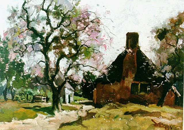 Jan van Vuuren | A yard with a blossoming tree, oil on canvas, 33.0 x 45.4 cm, signed l.r.