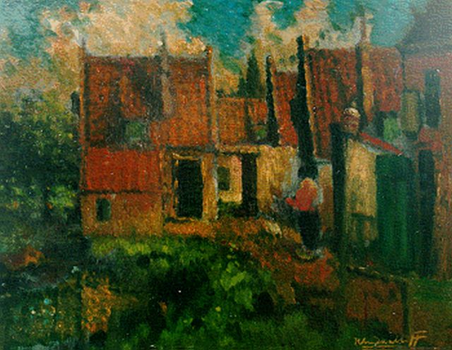 Henri van Daalhoff | A farmer's wife on a yard, oil on panel, 21.0 x 27.0 cm, signed l.r.
