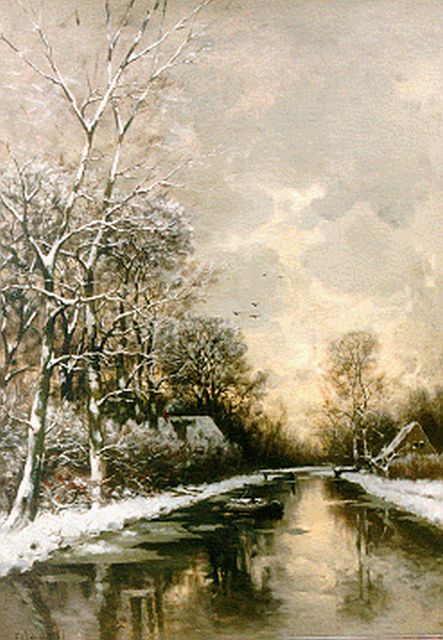 Rossum du Chattel F.J. van | A stream in a snow-covered landscape, oil on canvas 81.5 x 58.3 cm, signed l.l.