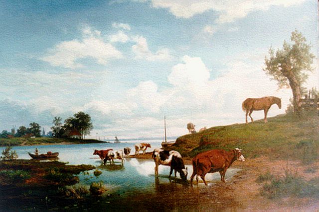Hendrik Lot | A river landscape with cattle watering, oil on canvas, 58.0 x 84.0 cm, signed l.r.