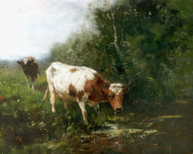Johan Frederik Cornelis Scherrewitz | Cows on the riverbank, oil on canvas, 40.0 x 50.2 cm, signed l.r.