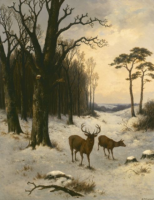 Koekkoek P.H.  | Red deer with doe in winter forest landscape, oil on canvas 91.5 x 71.0 cm, signed l.r.