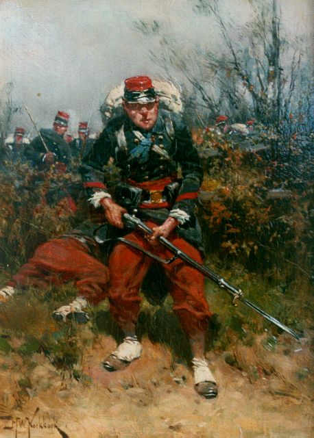 Koekkoek H.W.  | French foot soldiers on the battlefield, oil on panel 21.7 x 15.9 cm, signed l.l.