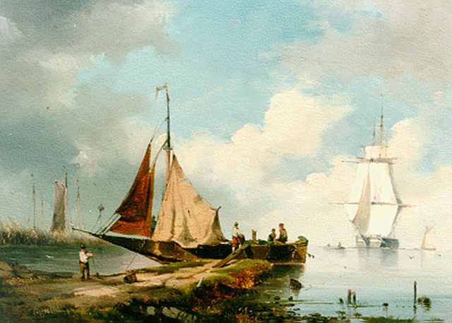Adrianus David Hilleveld | Moored sailing vessel, oil on panel, 30.0 x 40.3 cm, signed l.l.