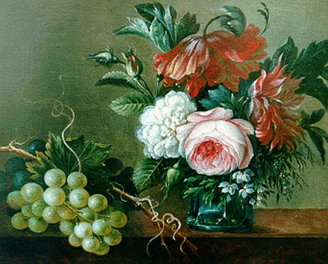 Apol A.  | Still life with flowers and grapes, oil on panel 22.9 x 28.3 cm, signed l.r. and dated 1845