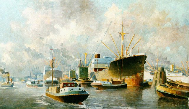 Drulman M.J.  | Shipping in the harbour of Rotterdam, oil on canvas 60.5 x 107.0 cm, signed l.r.