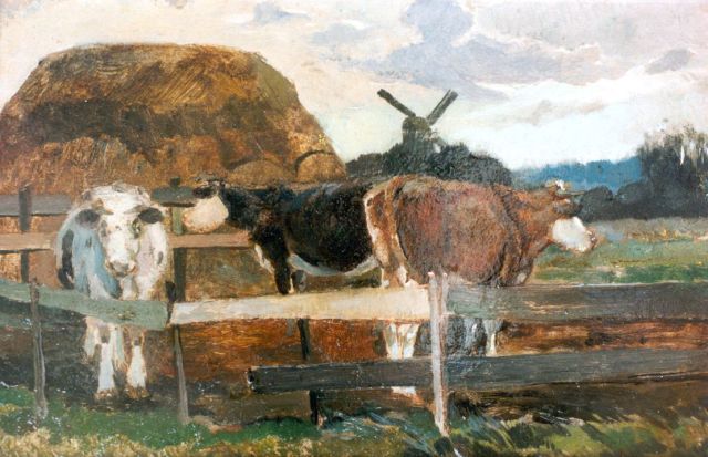 Herman Kruyder | Milking yard, oil on canvas, 17.7 x 27.5 cm, dated 1911