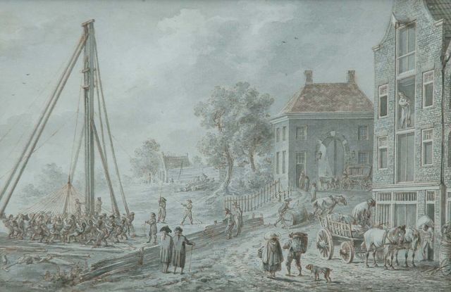 Dirk Langendijk | Driving piles in a Dutch city, washed ink on paper, 13.4 x 20.0 cm, signed l.l. and dated 15 juni 1798