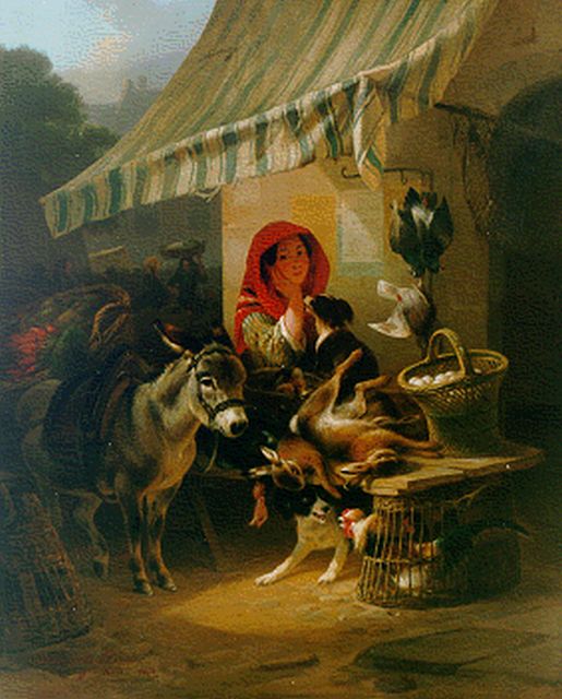 Ronner-Knip H.  | At the market, oil on panel 52.2 x 42.9 cm, signed l.l. and dated 1850