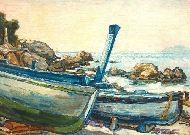 Kruijff-Willemier M.A.  | A rocky coast with moored boats, oil on canvas 23.0 x 33.0 cm, signed l.l.