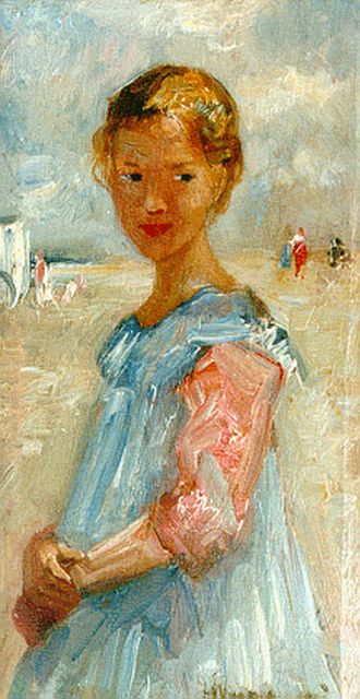 Maris S.W.  | A little girl in a blue dress on the beach, Zandvoort, oil on panel 22.0 x 11.7 cm, signed l.r. and dated 1917