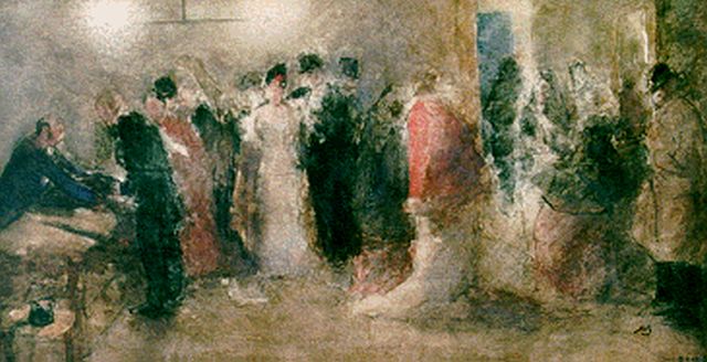 Bauer M.A.J.  | The cloakroom of the 'Haagse Stadsschouwburg', watercolour on paper 24.3 x 43.8 cm, signed l.r. with monogram and dated 1886