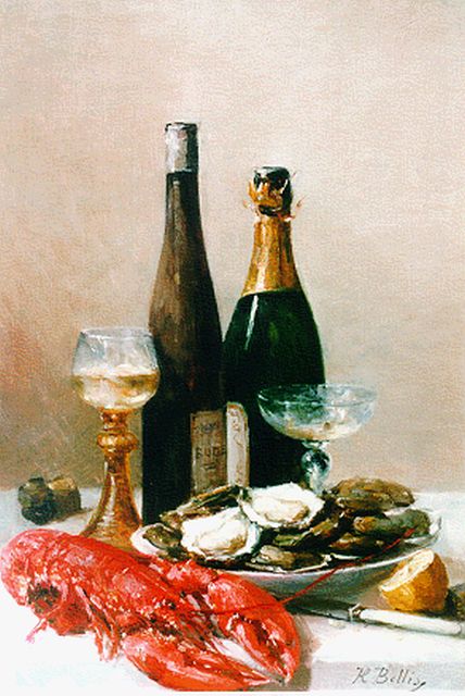 Bellis J.L.  | A still life with oysters and champagne, oil on canvas 57.2 x 40.4 cm, signed l.r.