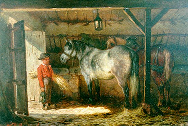 Boogaard W.J.  | Feeding the horses, oil on panel 16.8 x 25.3 cm, signed l.l.