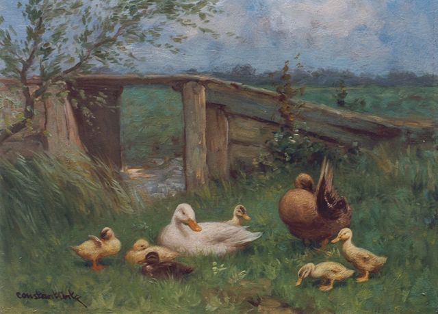Constant Artz | Ducks near a bridge, oil on panel, 18.0 x 24.4 cm, signed l.l.